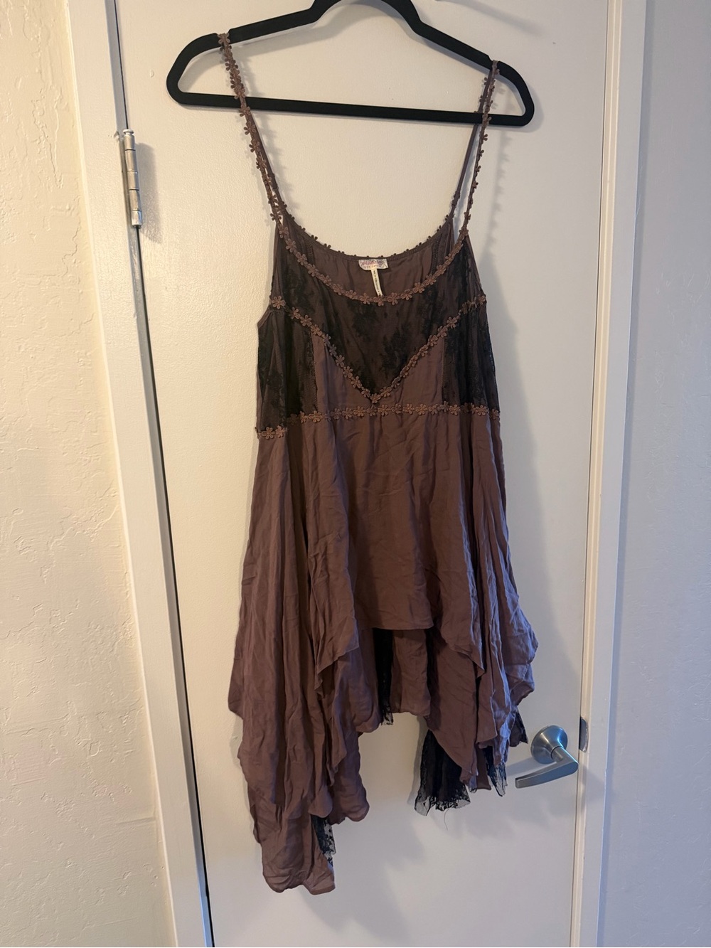 Free People Mauve Handkerchief Hem Slip Dress with Black Lace